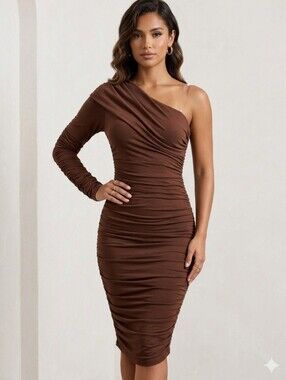 *Women’s One-Shoulder Brown Ruched Midi Dress Pit 25 With Strech Length About 55